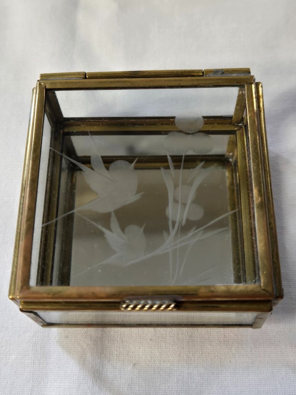 Etched Glass and Metal Trinket Box with mirror bottom